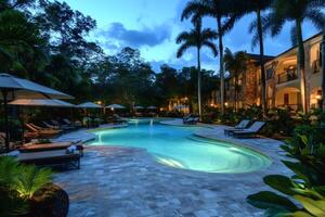Luxurious tropical resort pool at dusk with illuminated palm trees and lounge chairs photo