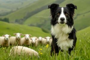 Border collie herding sheep in green field photo