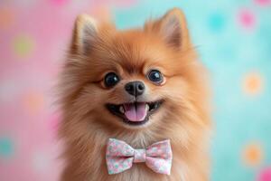 Adorable pomeranian dog wearing bow tie smiling on colorful background photo