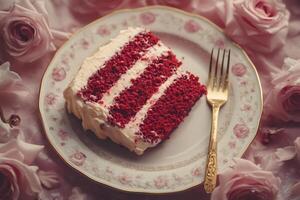 Slice of delicious red velvet cake resting on vintage plate with golden fork and pink roses surrounding photo