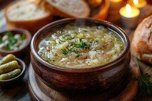 Steaming cabbage soup with parsley and pepper served in rustic bowl with bread and pickles photo