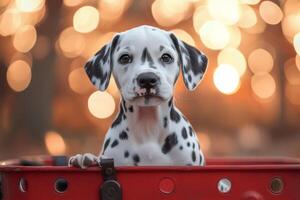 Dalmatian puppy sitting in red basket with bokeh background photo