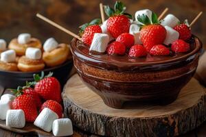 Chocolate fondue with fresh strawberries and marshmallows dipping in a bowl photo