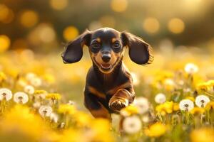 Dachshund puppy running happily in a field of dandelions photo