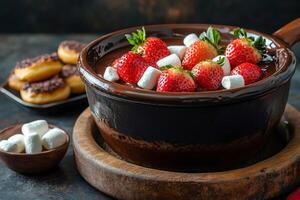 Chocolate fondue with fresh strawberries and marshmallows, ready to dip donuts photo
