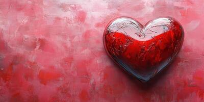 Heart shape with a glossy finish on a textured red background symbolizes love and affection in a passionate design photo