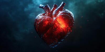 Heart sculpture made of molten material glowing with inner light against dark background photo