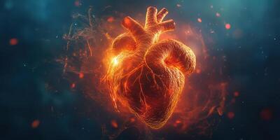 Heart glowing with energy in a dark and dynamic environment, showcasing vibrant texture and light patterns photo
