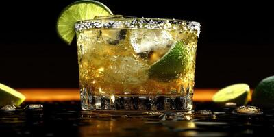 Refreshing cocktail garnished with lime and salt arranged on a serene bar surface at night photo