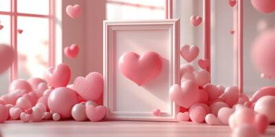 Heart-shaped decorations with soft pink hues and a framed love symbol in a bright indoor setting photo