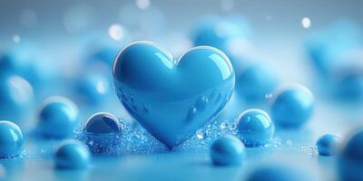 Shiny blue heart surrounded by water droplets creates a serene atmosphere in a soft blue environment photo