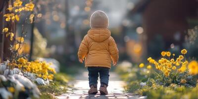 Child walks through a sunny garden lined with vibrant yellow flowers during springtime photo