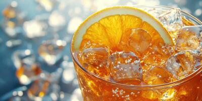 Refreshing orange drink with ice cubes served on a sunny day at a backyard gathering photo