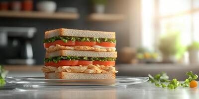 Deliciously stacked sandwich with chicken, tomatoes, and fresh lettuce in a bright kitchen setting photo
