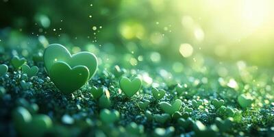 Green heart shapes emerge from a lush background during a sunny day, creating a tranquil and loving atmosphere photo