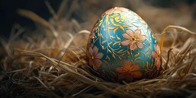 Beautifully decorated blue egg with floral patterns rests on straw in soft light, symbolizing spring and renewal photo