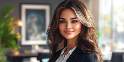 Professional woman in a modern office setting during daytime, exuding confidence and approachability photo