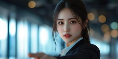 Professional woman in a modern office setting gestures towards the viewer during a business meeting at dusk photo