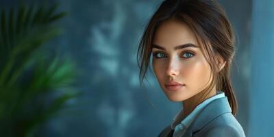 Young woman with blue eyes in business attire poses in a modern indoor setting with greenery photo