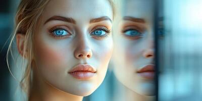 Close-up of a woman with striking blue eyes and a soft expression, reflecting emotions in a serene environment photo