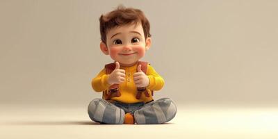Happy child in a yellow sweater showing thumbs up while sitting on the floor, conveying enthusiasm and joy photo