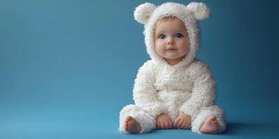 Baby in fluffy bear costume sits on blue backdrop creating a playful atmosphere with soft textures and innocent expression photo