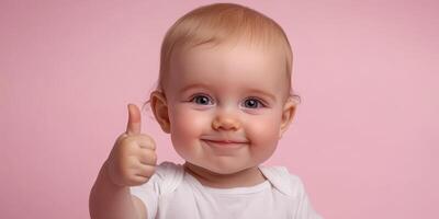 Cute baby giving thumbs up with a joyful expression and pink background photo