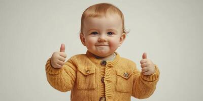 Happy toddler gives thumbs up while wearing cozy yellow sweater indoors photo