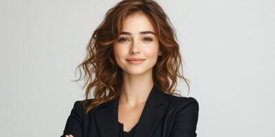 Confident young woman poses with a charming smile in a professional setting during daylight hours photo