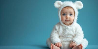 Baby in a fluffy white bear suit sitting on a blue background with an innocent expression photo