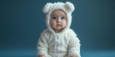 Cute baby in fluffy bear suit sitting against a blue backdrop capturing a moment of innocence and charm photo