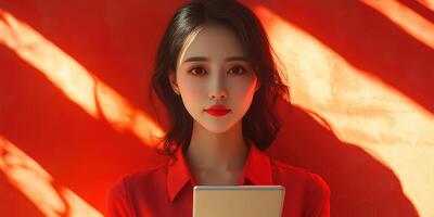 Young woman holding a tablet against a vibrant red backdrop with light shadows at a bright afternoon setting photo
