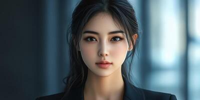 Young woman with elegant hairstyle poses confidently in a modern office setting during daylight hours photo