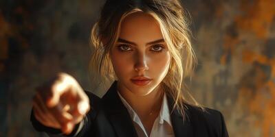 Confident young woman gestures assertively in a stylish outfit during an indoor photoshoot photo