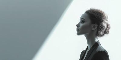 Profile of a woman in an elegant black suit, captured in soft light against a minimalist backdrop during a fashion shoot photo