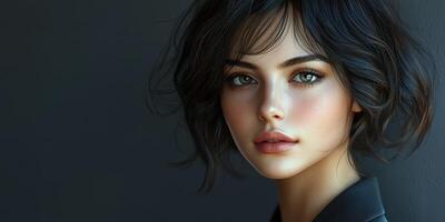 Portrait of a young woman with captivating eyes and tousled hair, set against a dark background in a minimalist style photo