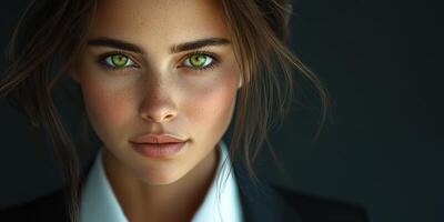 Stunning portrait of a woman with striking green eyes and a confident expression against a dark background photo