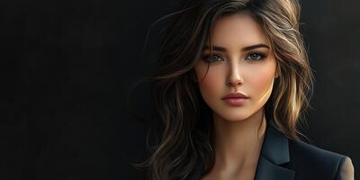Woman with long brown hair poses confidently in a black blazer against a dark background during an elegant portrait session photo
