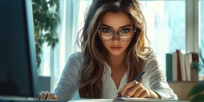 Young woman studying intently with glasses in a well-lit modern office space during the afternoon photo