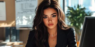 Young professional woman in a modern office setting working at her desk during a bright day photo
