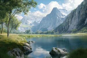 Serene Mountain Lake With Lush Green Valley photo