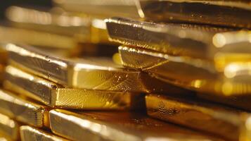 Stack pile of gold bars bullion on top of each other copy space background photo