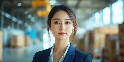 Confident businesswoman in a warehouse setting during daytime preparing for logistics operations photo