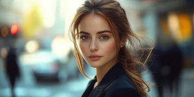 Portrait of a woman with flowing hair and captivating gaze in a busy urban street during the golden hour photo