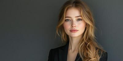 Young woman with wavy hair poses against a dark background in a stylish outfit photo