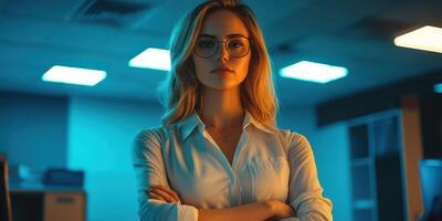 Confident woman with glasses standing in a dimly lit office during evening hours photo