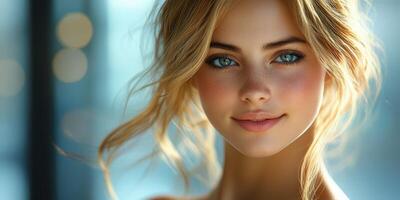 Young woman with striking blue eyes posing with a soft smile in a bright indoor setting photo