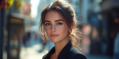 Young woman stands confidently in a lively urban setting under warm sunlight photo