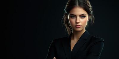 Confident woman in a black suit with a serious expression against a dark background photo