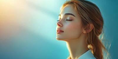 Moment of tranquility as a young woman enjoys serene sunlight with closed eyes in a peaceful setting photo